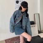 Denim Jacket / Mini A-line Skirt / Tie-neck Shirt