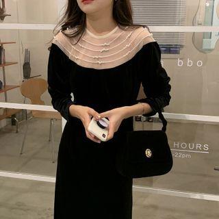 Long-sleeve Faux Pearl Mesh Panel Midi Sheath Dress Black - One Size