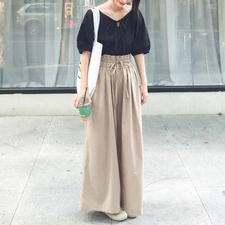 Elbow-sleeve Blouse / A-line Midi Skirt