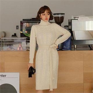 Turtle-neck Cable-knit Dress With Sash
