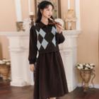 Set: Plain Midi A-line Dress + Argyle Sweater Vest
