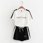 Set: Printed Short-sleeve T-shirt + Color Block Drawstring Shorts White - One Size
