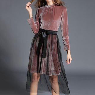 Set: Plain Long Sleeve Velvet Dress + Midi Mesh Skirt