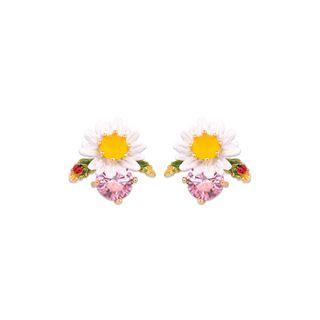 Fashion And Elegant Plated Gold Enamel Daisy Pink Cubic Zirconia Stud Earrings Golden - One Size