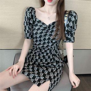 Puff-sleeve Lettering Mini A-line Dress