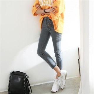 Detachable-hoop Fray-hem Skinny Jeans