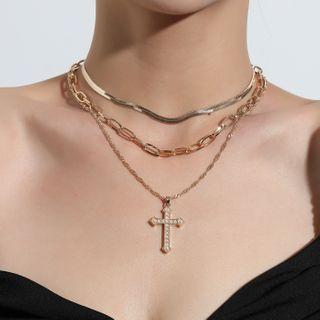 Cross Pendant Layered Chain Necklace Gold - One Size