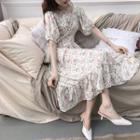 Elbow-sleeve Floral A-line Midi Dress Off White - One Size