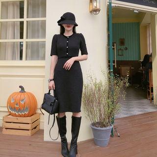 Puff-shoulder Faux-pearl Midi Dress