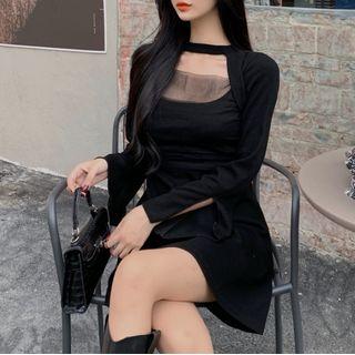Long-sleeve Mesh Panel Cutout Mini A-line Dress