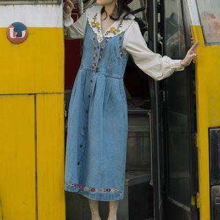 Set: Long-sleeve Embroidered Blouse + Midi A-line Denim Jumper Dress