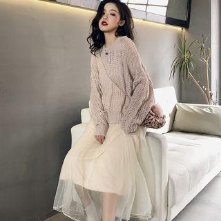 Crew-neck Cable Knit Sweater / Sleeveless Mesh Midi Dress / Set