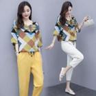 Set: Color Panel 3/4-sleeve Blouse + Straight-cut Cropped Pants