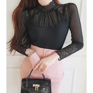 Mock-neck Lace-trim Sheer Blouse Black - One Size