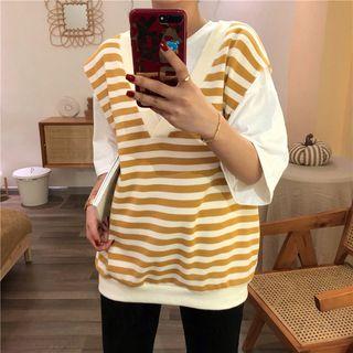 Set: Plain Elbow-sleeve T-shirt + V-neck Striped Vest