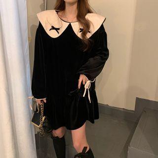 Long-sleeve Velvet Collared Dress Black - One Size