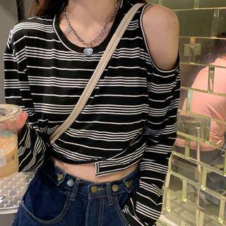 Long-sleeve Striped Cold-shoulder Cropped T-shirt Stripes - Black & White - One Size