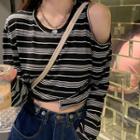 Long-sleeve Striped Cold-shoulder Cropped T-shirt Stripes - Black & White - One Size
