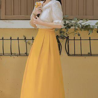 Set: Elbow-sleeve Sailor Collar Blouse + Midi A-line Skirt
