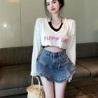 Halter Camisole Top / Lettering Cropped T-shirt / Denim Mini A-line Skirt