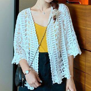 3/4-sleeve Crocheted Knit Jacket White - One Size