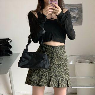 Crop Tank Top / Long-sleeve Crop Top / Leopard Print Mini Skirt / Set