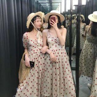 Heart Print Shirred Midi A-line Dress