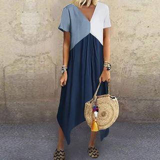 Short-sleeve V-neck Color Block Midi Dress