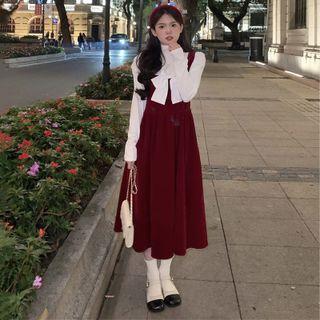 Bow Blouse / Midi Overall Dress / Set