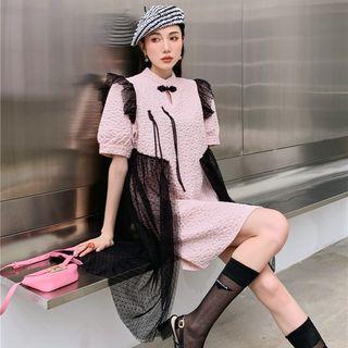 Puff-sleeve Mesh Hem Mini Qipao Dress