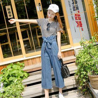 Set: Striped T-shirt + Cropped Suspender Jeans