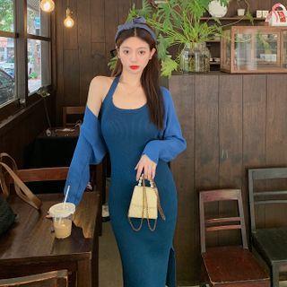 Set: Spaghetti-strap Halter Knit Midi Sheath Dress + Cardigan Shrug