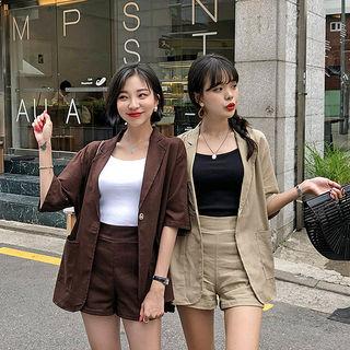 Set: Elbow-sleeve Linen Blend Blazer + Band-waist Shorts
