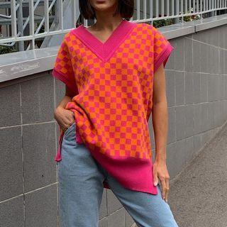 V-neck Check Print Knit Top