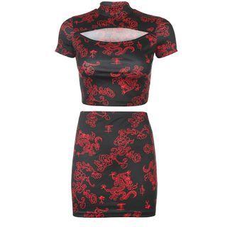 Mock Turtleneck Dragon Print Cutout Short-sleeve Cropped T-shirt