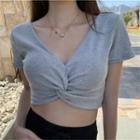 Short Sleeve V-neck Knotted Cropped T-shirt