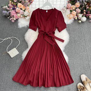 Plain Tie-waist Pleated Midi A-line Dress