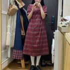 Short-sleeve Plaid Double-breasted Midi Shift Dress