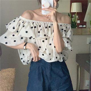 Off-shoulder Puff-sleeve Ruffle Polka Dot Chiffon Shirt