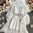 Set: Off-shoulder Long Sleeve Top + Double Breasted Pencil Mini Skirt