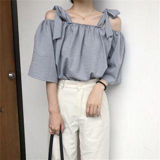 Striped Cold-shoulder Elbow-sleeve Blouse