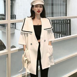 3/4-sleeve Contrast Trim Wide Collar Buttoned Jacket