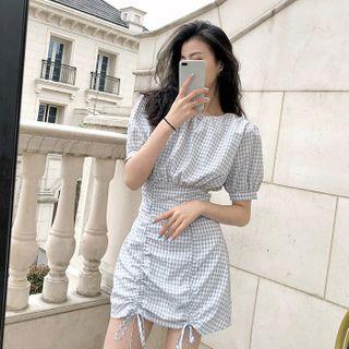 Gingham Puff-sleeve Drawstring Mini A-line Dress