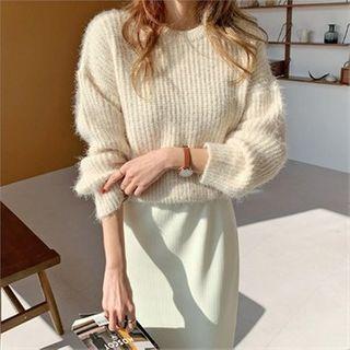 Drop-shoulder Rib-knit Fuzzy Sweater