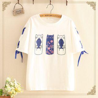 Cat Print Lace-up Short-sleeve Top