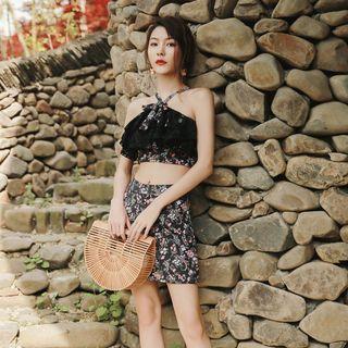 Set: Floral Print Lace Panel Halter Bikini Top + Swim Skirt