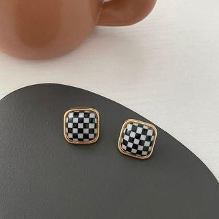 Square Checker Alloy Earring 1 Pair - S925 Silver Stud - Check - Black & White - One Size