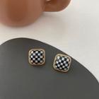 Square Checker Alloy Earring 1 Pair - S925 Silver Stud - Check - Black & White - One Size