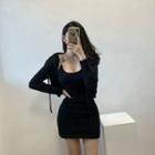 Set: Chain Knit Mini Bodycon Dress + Hooded Cardigan Black - One Size