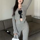 Round-neck Button-up Woolen Cardigan / High Waist Boot-cut Pants